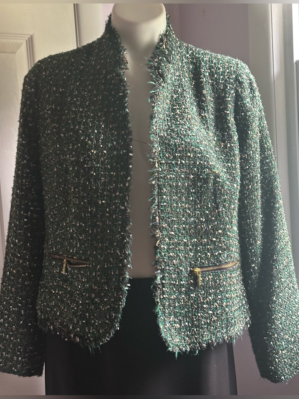 CHICOS Green Black Gold Tweed Zip-Pocket No Button Open Jacket Sz 1